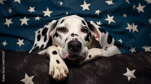 Dalmatian dog lying on her back with paws up wishing for a tummy rub. Dog in bed resting and yawning among pillows with stars pattern. Funny, cute dog's muzzle. Good morning concept. F : Generative AI photo