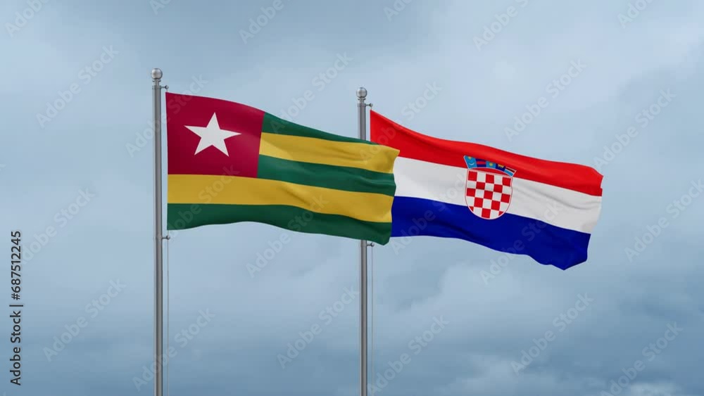 Croatia and Togo flag waving together on cloudy sky, endless seamless loop, two country cooperation concept Croatia and Togo flag waving together on cloudy sky, endless seamless loop, two country cooperation concept