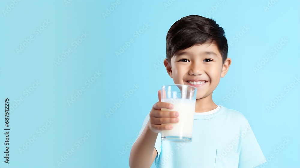 Happy smiling mixed race Asian kid boy holding a glass of fresh milk and giving thumbs up in isolated light blue color background studio shot : Generative AI Happy smiling mixed race Asian kid boy holding a glass of fresh milk and giving thumbs up in isolated light blue color background studio shot : Generative AI