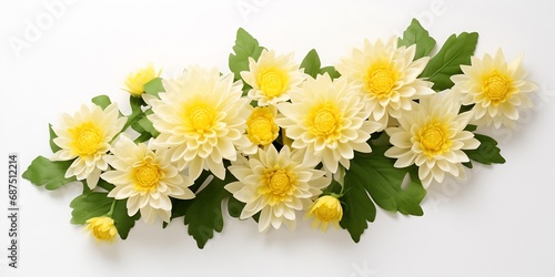 Flowers creative composition. Bouquet of chrysanthemum flowers plant with leaves isolated on white background. Flat lay, top view, copy space : Generative AI © Generative AI