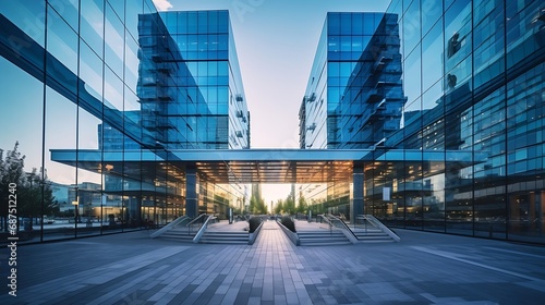 From below of entrance of office building next to contemporary high rise structures with glass mirrored walls and illuminated lights in calgary city against cloudless blue sky   Generative AI
