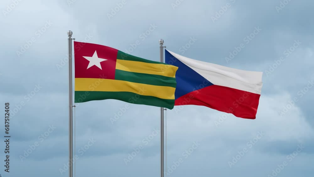 Czech Republic flag and Togo flag waving together on cloudy sky, endless seamless loop, two country relations concept Czech Republic flag and Togo flag waving together on cloudy sky, endless seamless loop, two country relations concept
