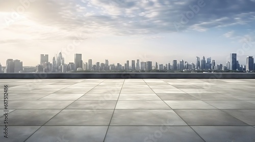 Panoramic skyline and buildings with empty concrete square floor : Generative AI