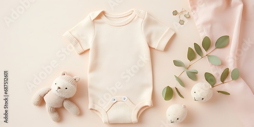 Set of pink clothes and accessories fot newborn girl. Toys, bodysuit, romper, knitted cardigan, shoes, bib on pastel background. Mock up tor text. Baby shower concept. Flat lay, top vi : Generative AI photo