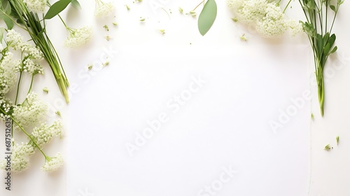 Styled stock photo. Feminine wedding desktop mockup with baby's breath Gypsophila flowers, dry green eucalyptus leaves, satin ribbon and white background. Empty space. Top view. Pictur : Generative AI