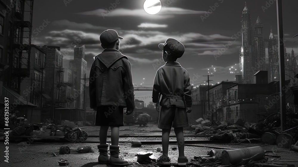 Two Boys standing at night with the moon illuminating on an empty street in the city. Two Boys standing at night with the moon illuminating on an empty street in the city.