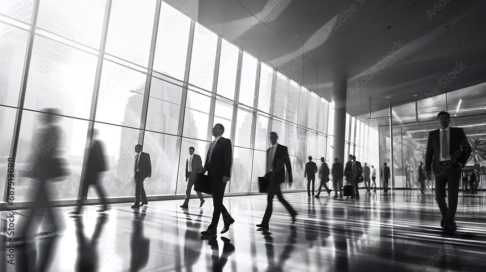 business people activity standing and walking in the lobby motion blurred black and white : Generative AI