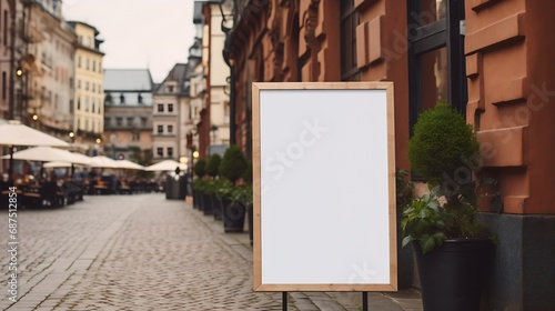 White paper poster mockup displayed outside the building restaurant. Marketing and business concept.   Generative AI