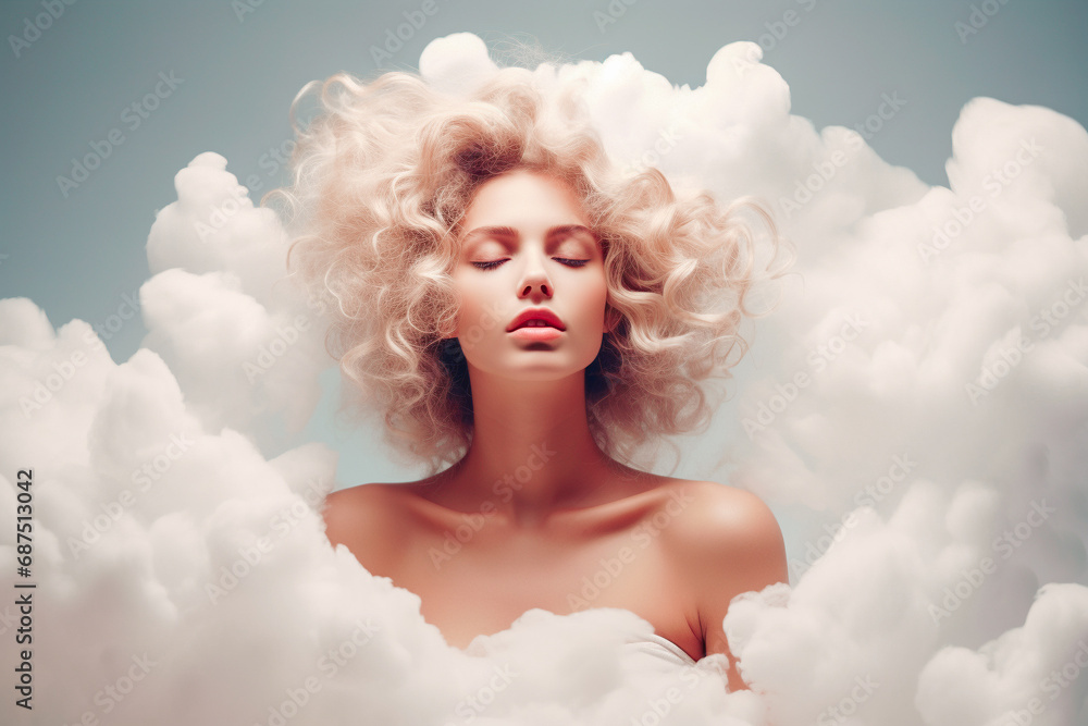 Femme  avec les yeux fermés et la tête dans un nuage