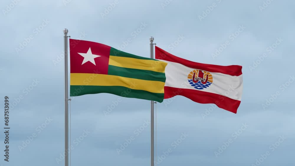 French Polynesia flag and Togo flag waving together on cloudy sky, endless seamless loop, two country relations concept French Polynesia flag and Togo flag waving together on cloudy sky, endless seamless loop, two country relations concept