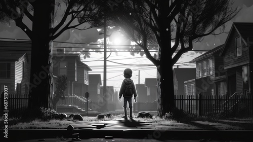 Boy standing at night with the moon illuminating on an empty street in the city.