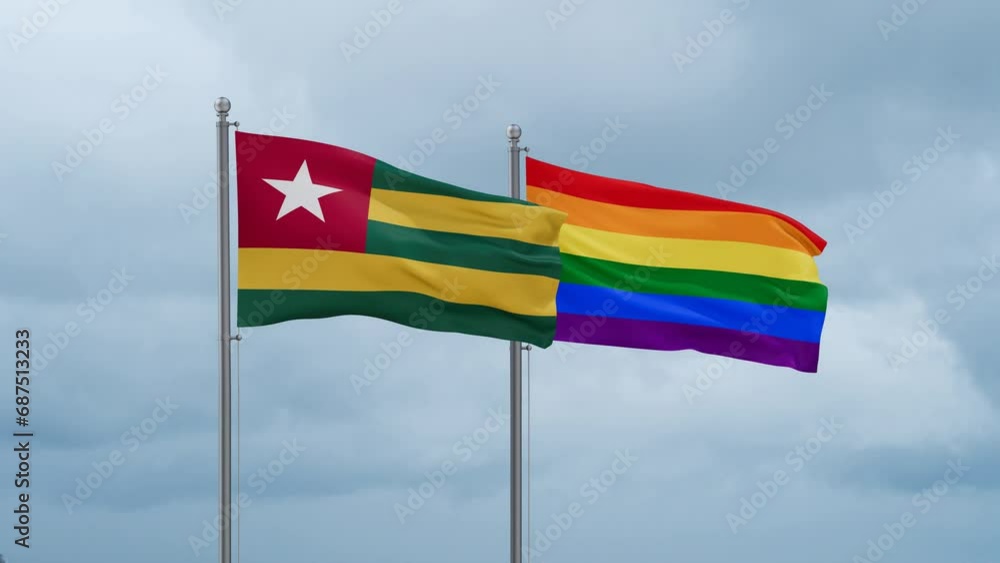 LGBT movement flag also Gay Pride and Togo flag waving cycle looped video, tolerance conception in country LGBT movement flag also Gay Pride and Togo flag waving cycle looped video, tolerance conception in country