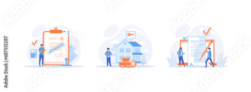 Mortgage process,  people buying property with mortgage, getting bank approval. Mortgage process set flat vector modern illustration  