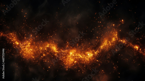 Dynamic Fire Embers: Abstract Blaze of Fiery Particles over Black Background - Vibrant Heatwave Illuminating the Dark with Intense Flames and Glowing Sparks.