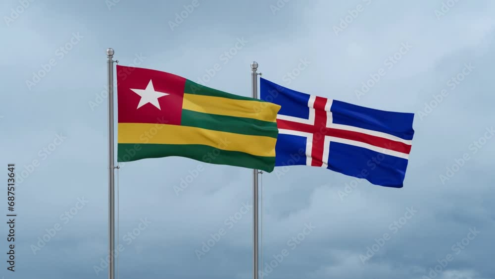 Iceland and Togo flag waving together on cloudy sky, endless seamless loop, two country cooperation concept Iceland and Togo flag waving together on cloudy sky, endless seamless loop, two country cooperation concept