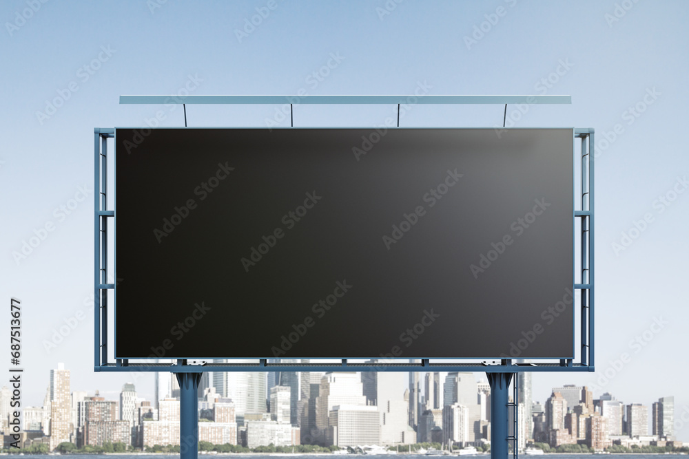 Blank black horizontal billboard on cityscape background, front view. Mockup, advertising concept Blank black horizontal billboard on cityscape background, front view. Mockup, advertising concept