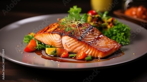 Closed up grilled Salmon with cooked Vegetables, Keto friendly salmon with vegetables diet dish, dash diet. Healthy concept, gluten free, lectine free, generative ai