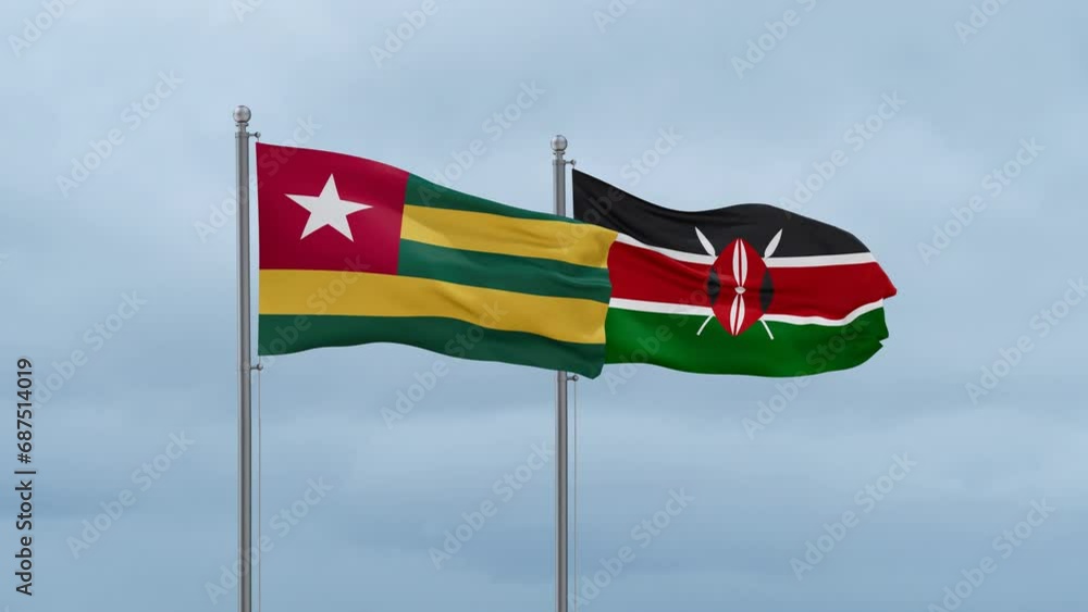 Kenya flag and Togo flag waving together on cloudy sky, endless seamless loop, two country relations concept Kenya flag and Togo flag waving together on cloudy sky, endless seamless loop, two country relations concept
