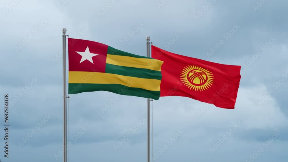 Kyrgyzstan flag and Togo flag waving together on cloudy sky, endless seamless loop, two country relations concept Kyrgyzstan flag and Togo flag waving together on cloudy sky, endless seamless loop, two country relations concept