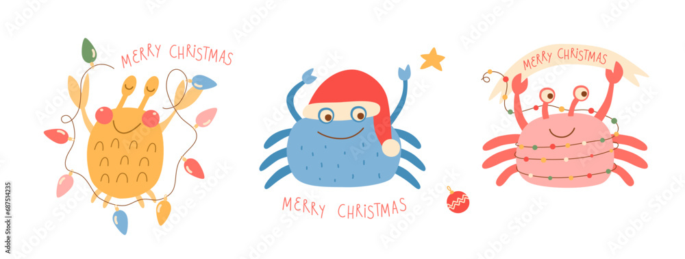 Christmas crab funny characters set, hand drawn text Merry Christmas. Vector tropical party celebration isolated element. Funny sea animal cartoon character for Happy New Year invitation, card, poster