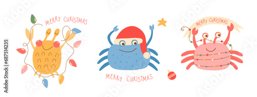 Christmas crab funny characters set, hand drawn text Merry Christmas. Vector tropical party celebration isolated element. Funny sea animal cartoon character for Happy New Year invitation, card, poster