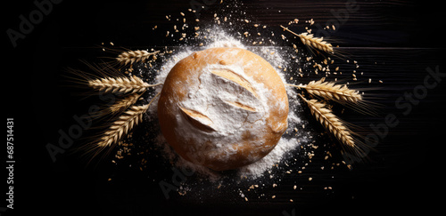 single bread in the center of the images with wheat whistle on a black wood background. photo