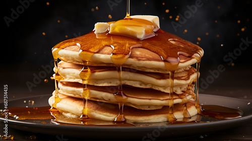 close-up food photography of a stack of pancakes dripping with butter and maple syrup