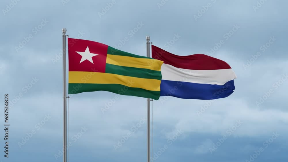 Netherlands flag and Togo flag waving together on cloudy sky, endless seamless loop, two country relations concept Netherlands flag and Togo flag waving together on cloudy sky, endless seamless loop, two country relations concept