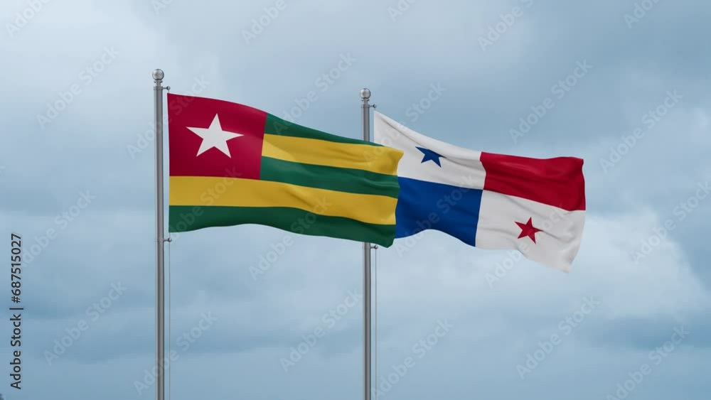 Panama flag and Togo flag waving together on cloudy sky, endless seamless loop, two country relations concept Panama flag and Togo flag waving together on cloudy sky, endless seamless loop, two country relations concept