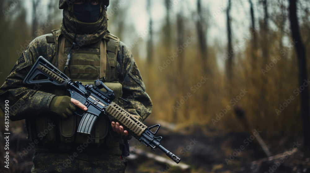 Close up hands russian soldier man dressed military camouflage uniform holds weapon in woodland at soldiers background. Male border guard in country border holding machine gun on war. Copy text space