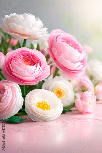 Beautiful flowers composition in pastel colors  pink and white ranunculus. Perfectly for Birthday  Women s Day  anniversary and Valentine s Day.