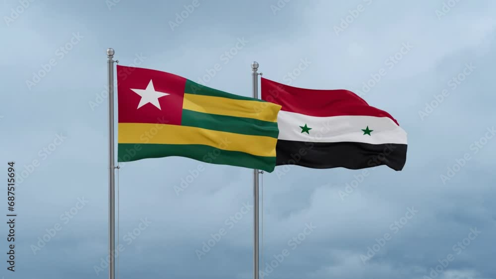 Syrian Arab Republic, Syria and Togo flag waving together on cloudy sky, endless seamless loop, two country cooperation concept Syrian Arab Republic, Syria and Togo flag waving together on cloudy sky, endless seamless loop, two country cooperation concept