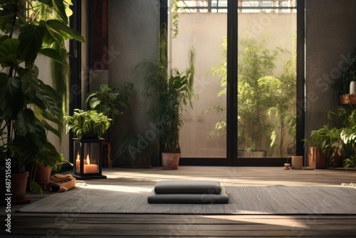 Without visitors, the yoga room remains quiet and empty, the absence of activity contributing to a calm and peaceful atmosphere, especially as the last light of the day illuminates the space. photo