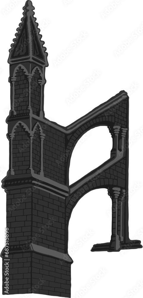 Gothic flying buttress stylized drawing. Architectural stone support; european medieval cathedral/church piers illustration; vector