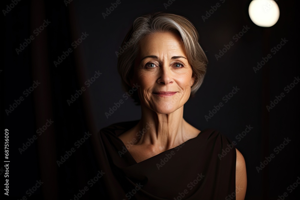 Confident and happy senior woman in casual attire exudes real-life elegance against a black background.