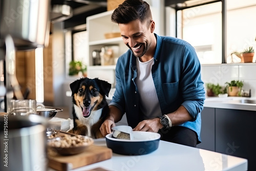 Caucasian man and adorable dog share morning in the kitchen. Emotional connection, best friends enjoying breakfast. photo