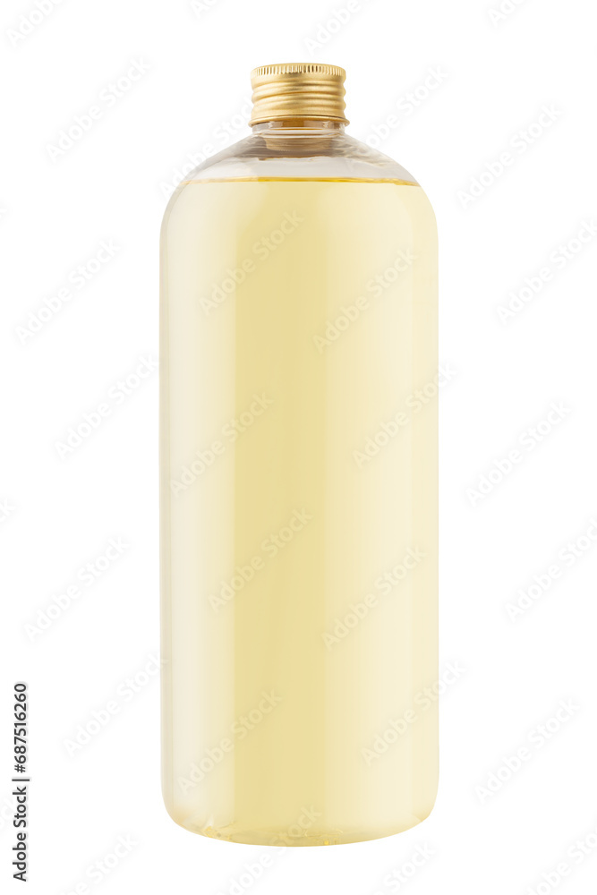 Transparent plastic tall bottle with pineapple drink, cooking oil or cosmetic produce, golden cap mockup, isolated. Template for portfolio, design, branding identity.