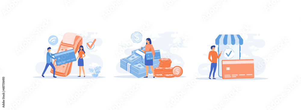 Payment methods, paying with credit card, electronic bank transfer. online payment 2 set flat vector modern illustration Payment methods, paying with credit card, electronic bank transfer. online payment 2 set flat vector modern illustration