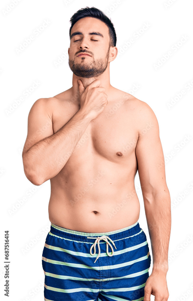 Young handsome man wearing swimwear touching painful neck, sore throat for flu, clod and infection