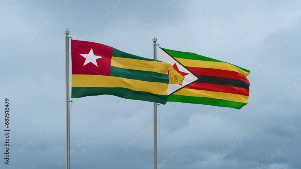 Zimbabwe and Togo flag waving together on cloudy sky, endless seamless loop, two country cooperation concept Zimbabwe and Togo flag waving together on cloudy sky, endless seamless loop, two country cooperation concept