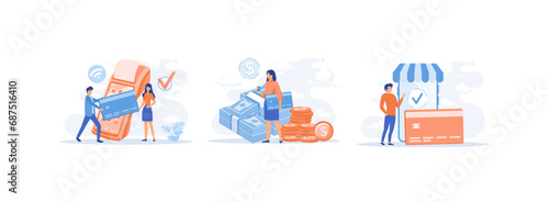Payment methods, paying with credit card, electronic bank transfer. online payment 2 set flat vector modern illustration 