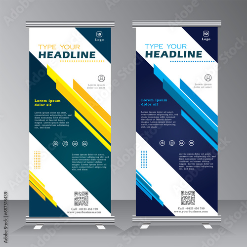 Roll up banner vector illustration. blue and yellow roll up banner stylish geometric graphics templates. Design concept presentation or advertising banner