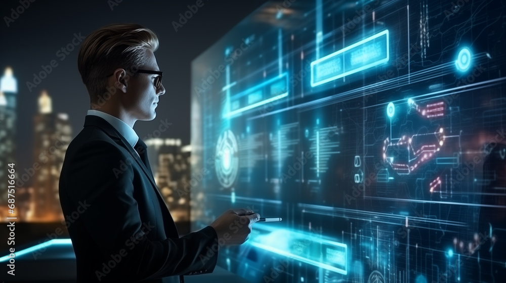 Businessman's Dialogue with AI: Virtual Graphics and Futuristic Tech Businessman's Dialogue with AI: Virtual Graphics and Futuristic Tech