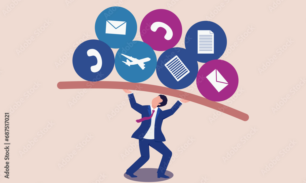 A business illustration of a business man struggling to stand under pressure from work A business illustration of a business man struggling to stand under pressure from work
