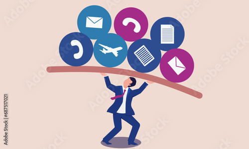 A business illustration of a business man struggling to stand under pressure from work
