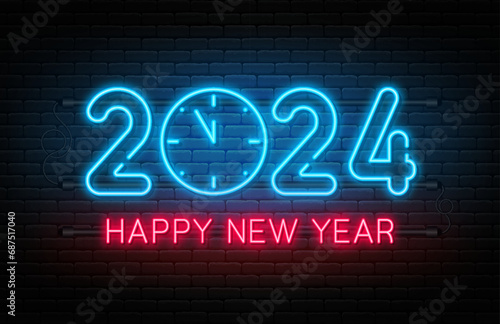 Happy New Year 2024. New Year 2024 and Christmas neon signboard with glowing text, clock and numbers. Neon light effect for background, web banner, poster and greeting card. Vector