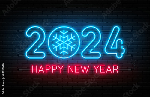 Happy New Year 2024. New Year 2024 and Christmas neon signboard with glowing text, snowflake and numbers. Neon light effect for background, web banner, poster and greeting card. Vector