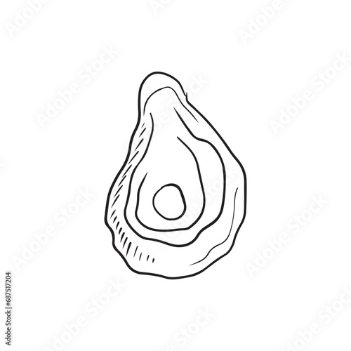 Tasty delicious oyster shell with pearl in black isolated on white background. Hand drawn vector sketch illustration in doodle vintage engraved style. Fresh seafood, nutritious, French cuisine.