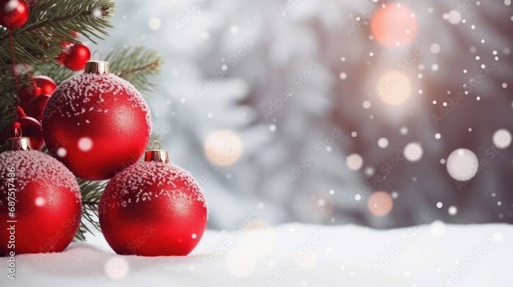 Festive Winter Holidays: Christmas and New Year Concept with Balls on Snowy Fir Branches Festive Winter Holidays: Christmas and New Year Concept with Balls on Snowy Fir Branches