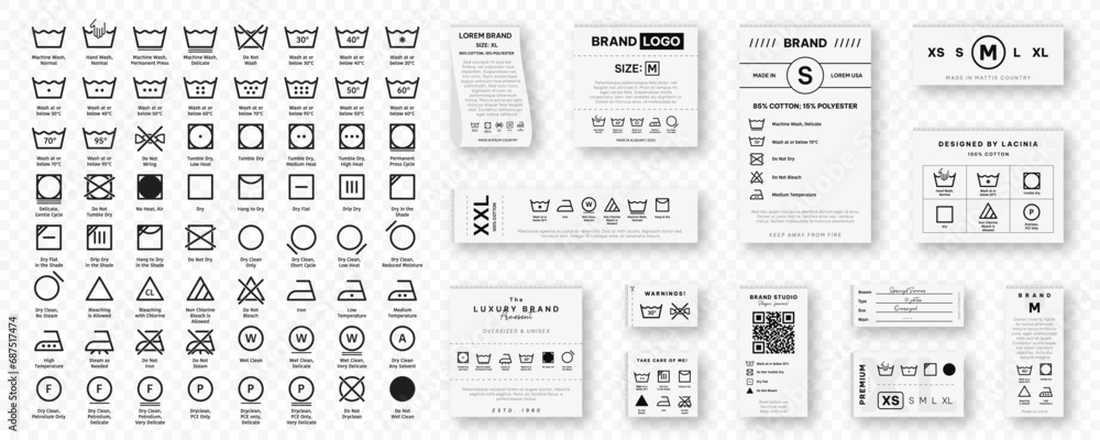 Laundry label collection with care symbols and washing instructions. Laundry care tags with washing, drying, bleaching, ironing and cleaning information. Vector - obrazy, fototapety, plakaty 
